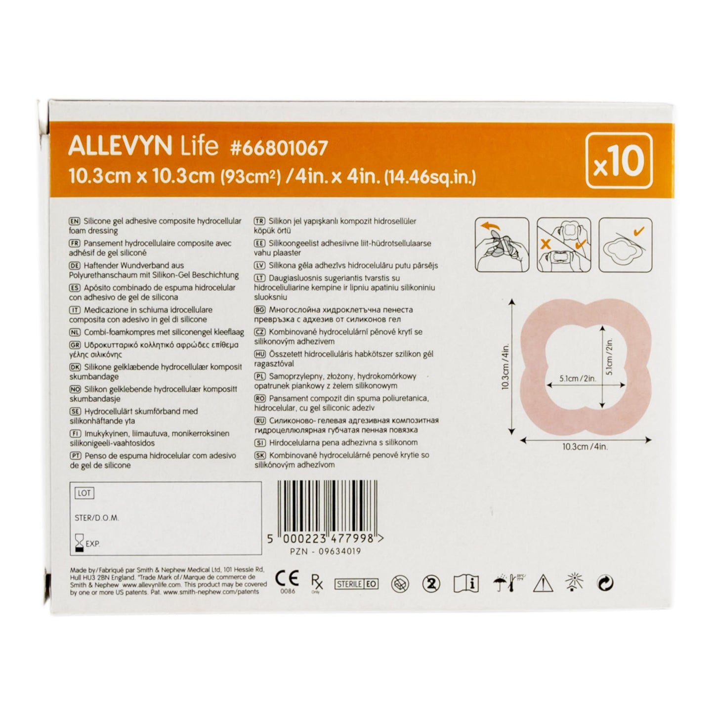 Allevyn Life Silicone Adhesive with Border Silicone Foam Dressing, 4 x 4 Inch