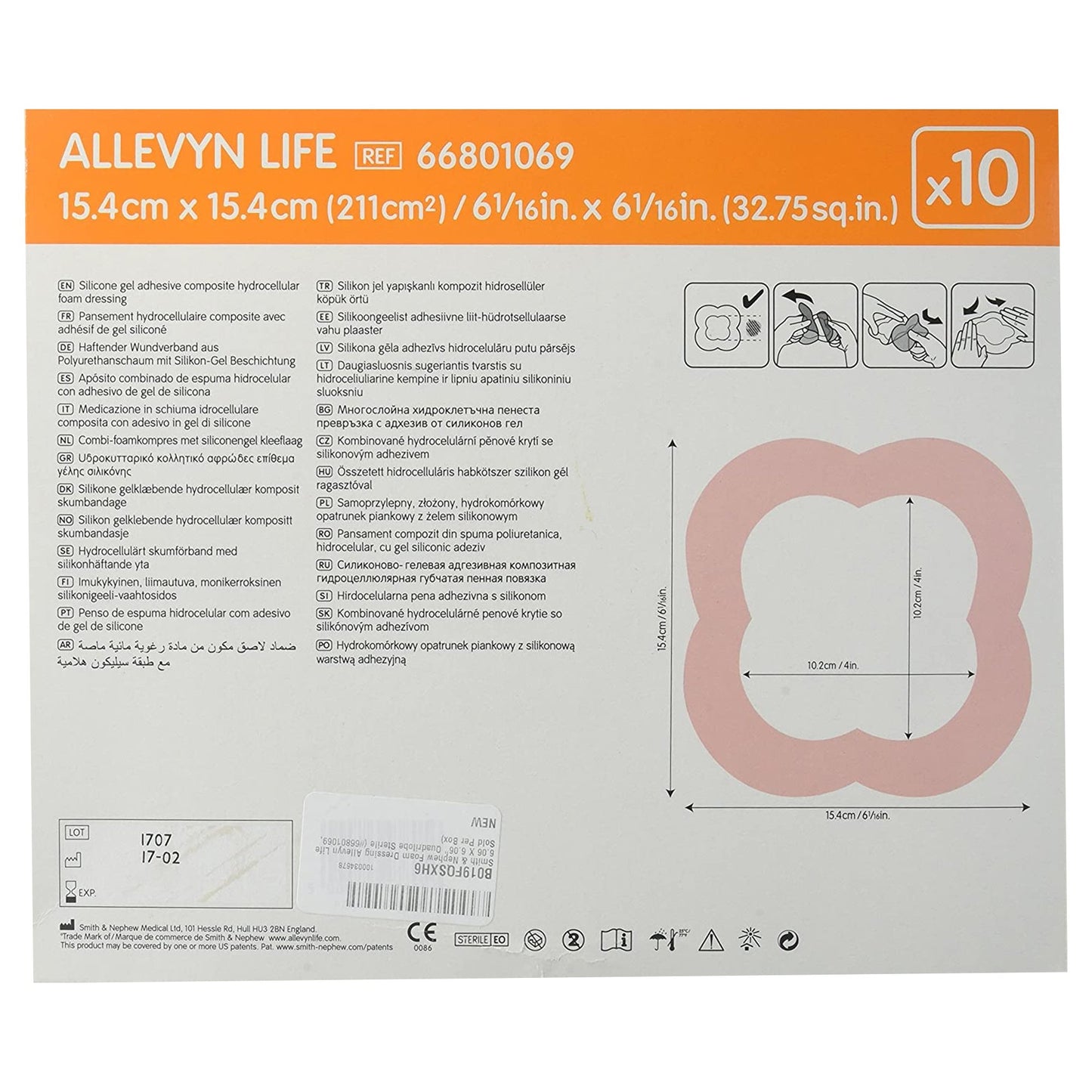 Allevyn Life Silicone Foam Dressing, 6 x 6 Inch Quadrilobe