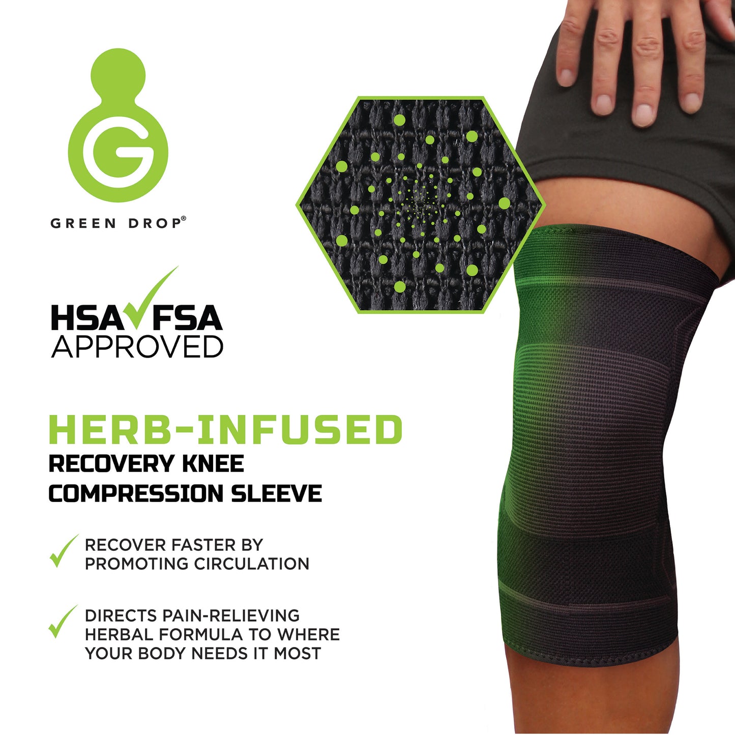 Green Drop™ Infused Compression Sleeve Knee Support, Small/Medium
