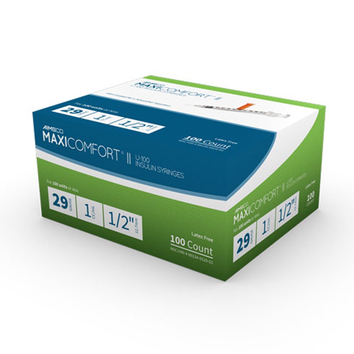 MaxiComfort® II Standard Insulin 1mL Syringe with Needle, 29 Gauge, 0.5 Inch