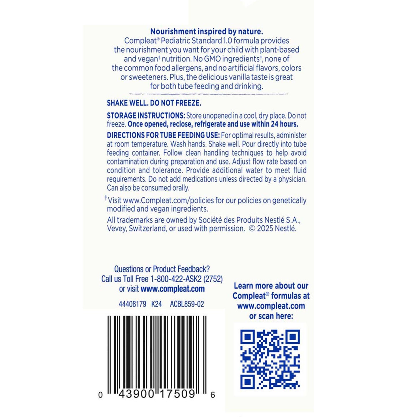 Compleat® Pediatric Standard Plant-Based 1.0 Cal Tube Feed Formula, Vanilla
