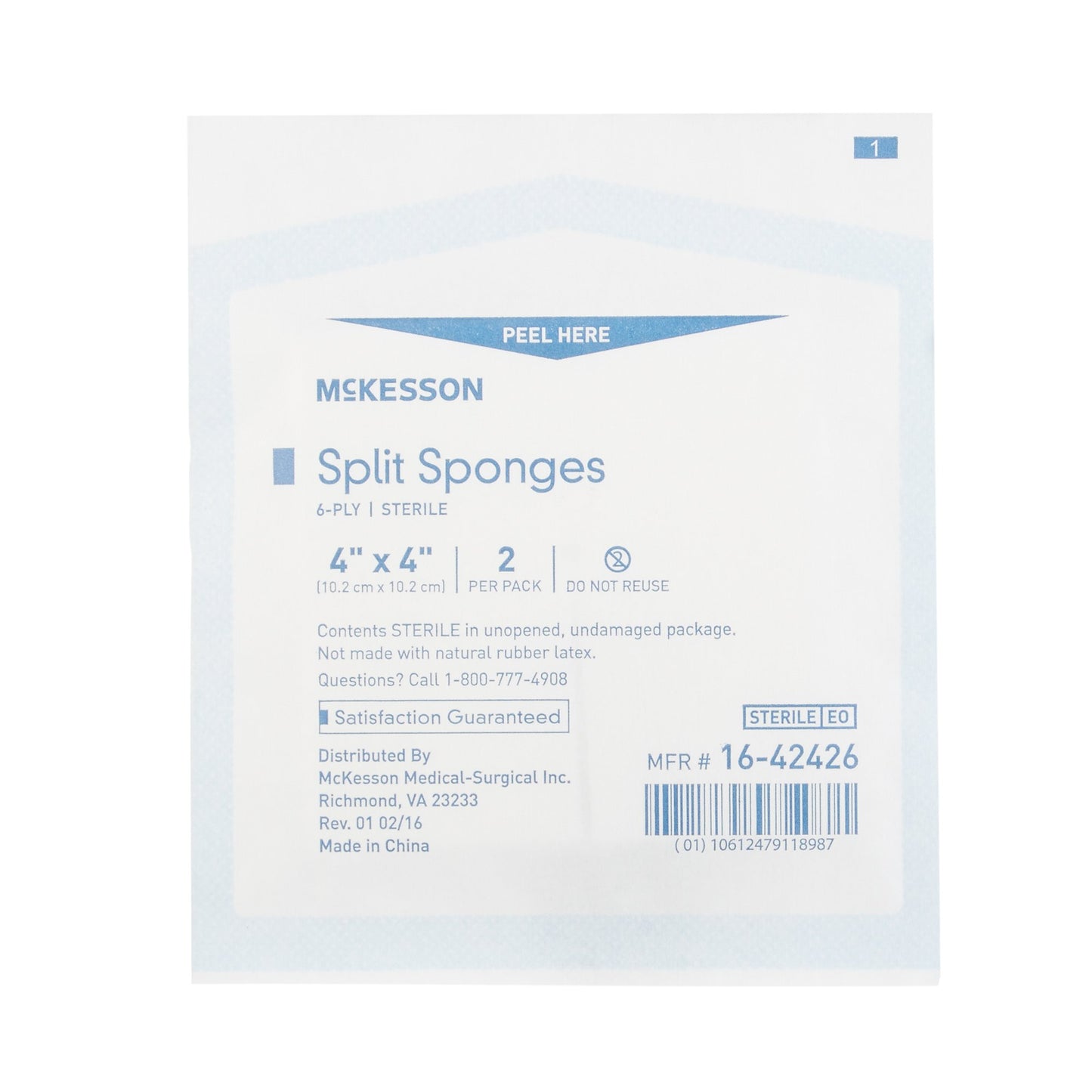 McKesson IV/Drain Split Dressing, 4 x 4 Inch, 6-Ply