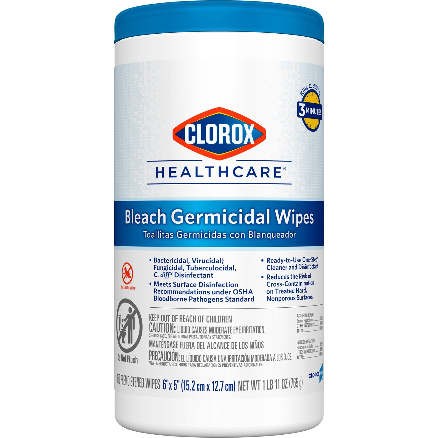 Clorox Healthcare® Bleach Germicidal Wipes, Canister, 150 ct.