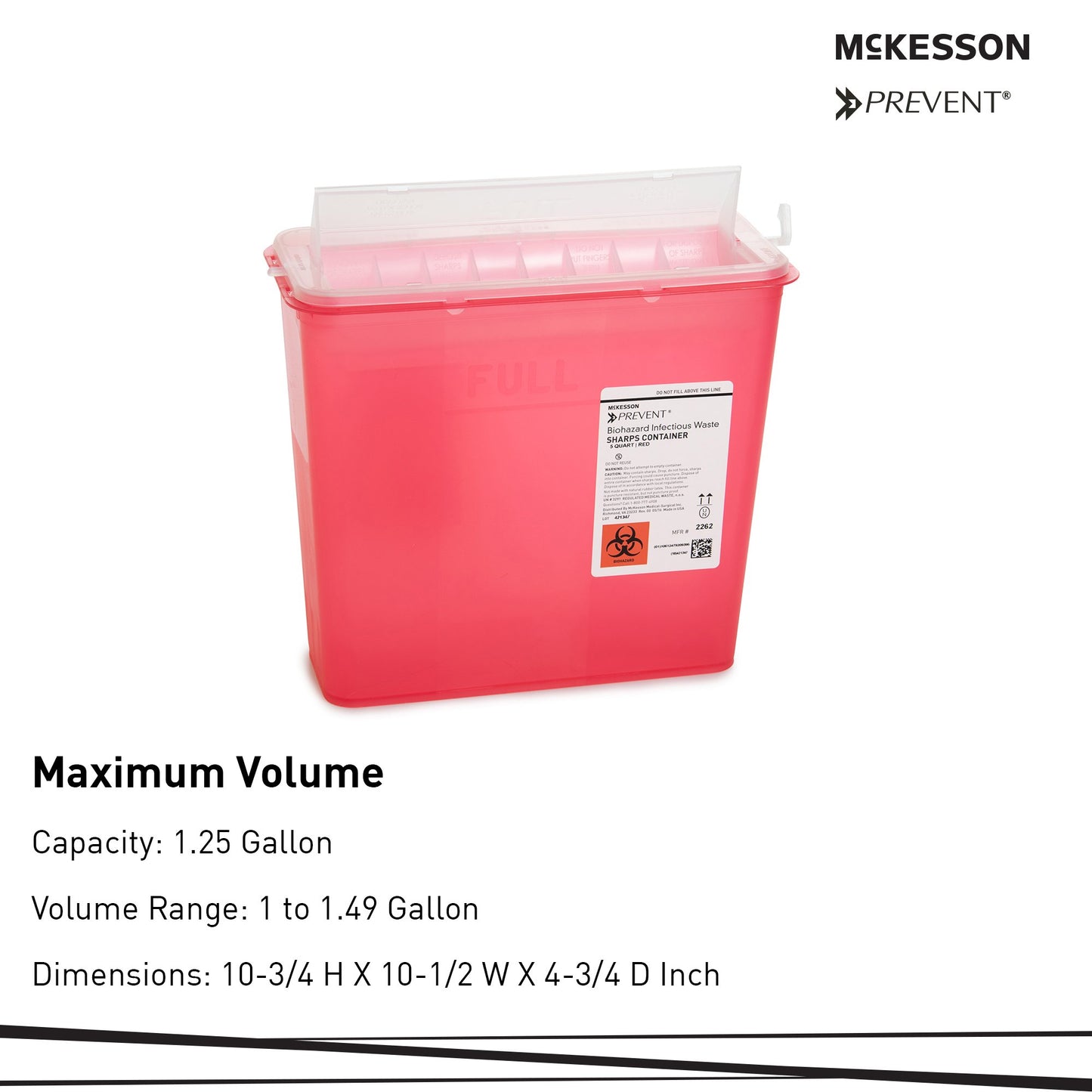 McKesson Prevent® Red Sharps Container, 1.25 Gallon, 10.75 x 10.5 x 4.75 Inch